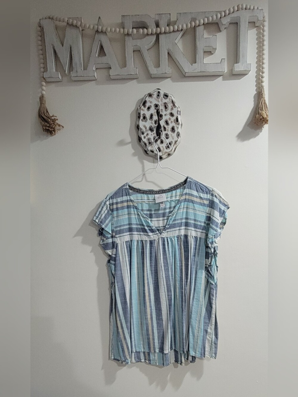 Knox Rose Blue and White Striped V-Neck Flutter Sleeve Tunic